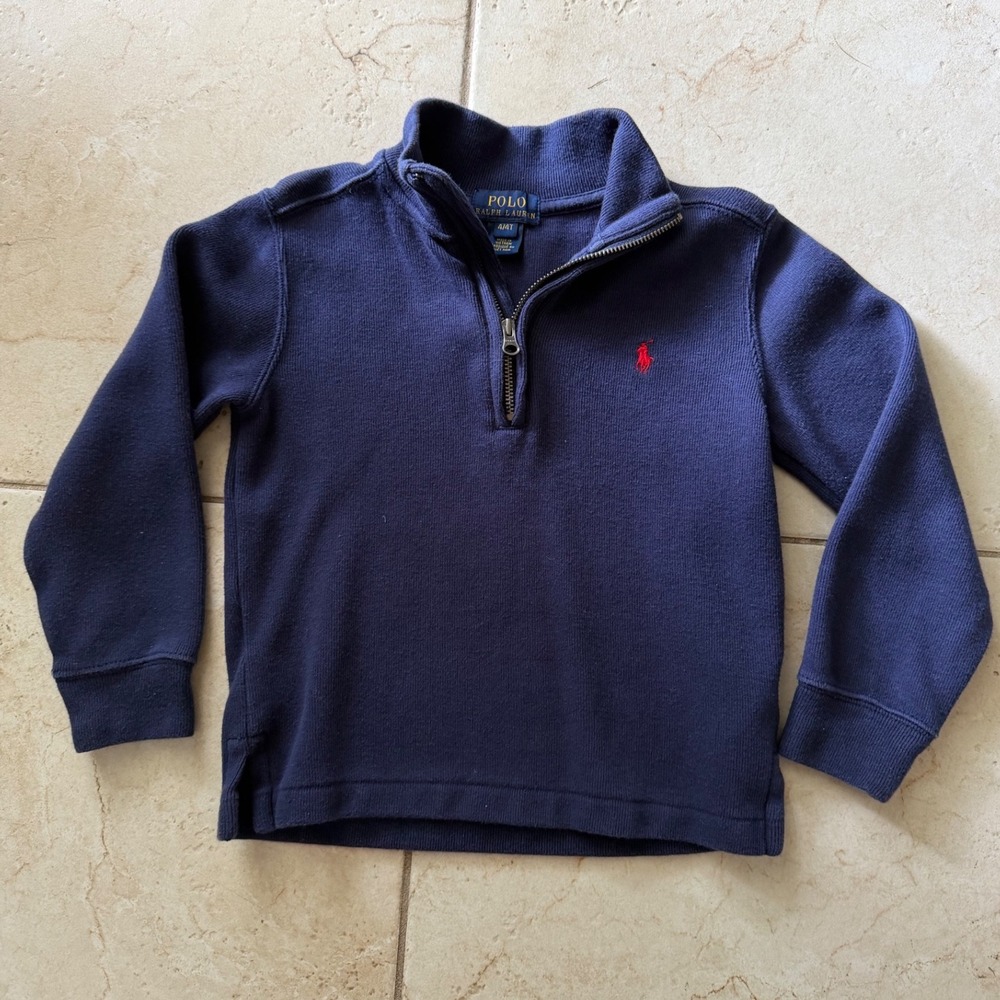 Polo Ralph Lauren Boys Navy Blue Quarter Zip Pullover Sweater Size 4/4T Red Pony